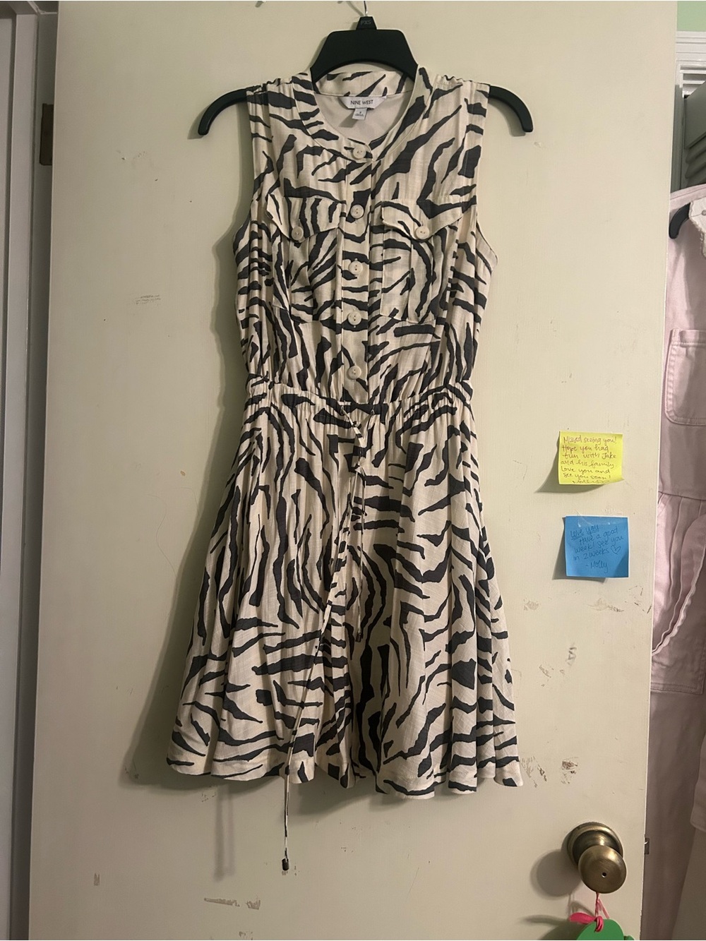 Nine West Black & White Zebra-Print Sleeveless Button-Front Dress
